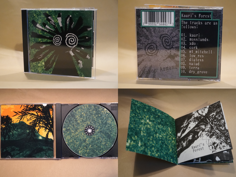 Four pictures of the physical handmade CD release of kauri's forest.