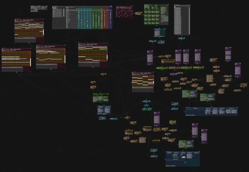 Screenshot of bespokesynth software showing the internals of the hills.17 track by Mason Armand