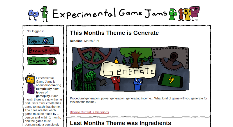 screenshot of experimental game jams website homepage